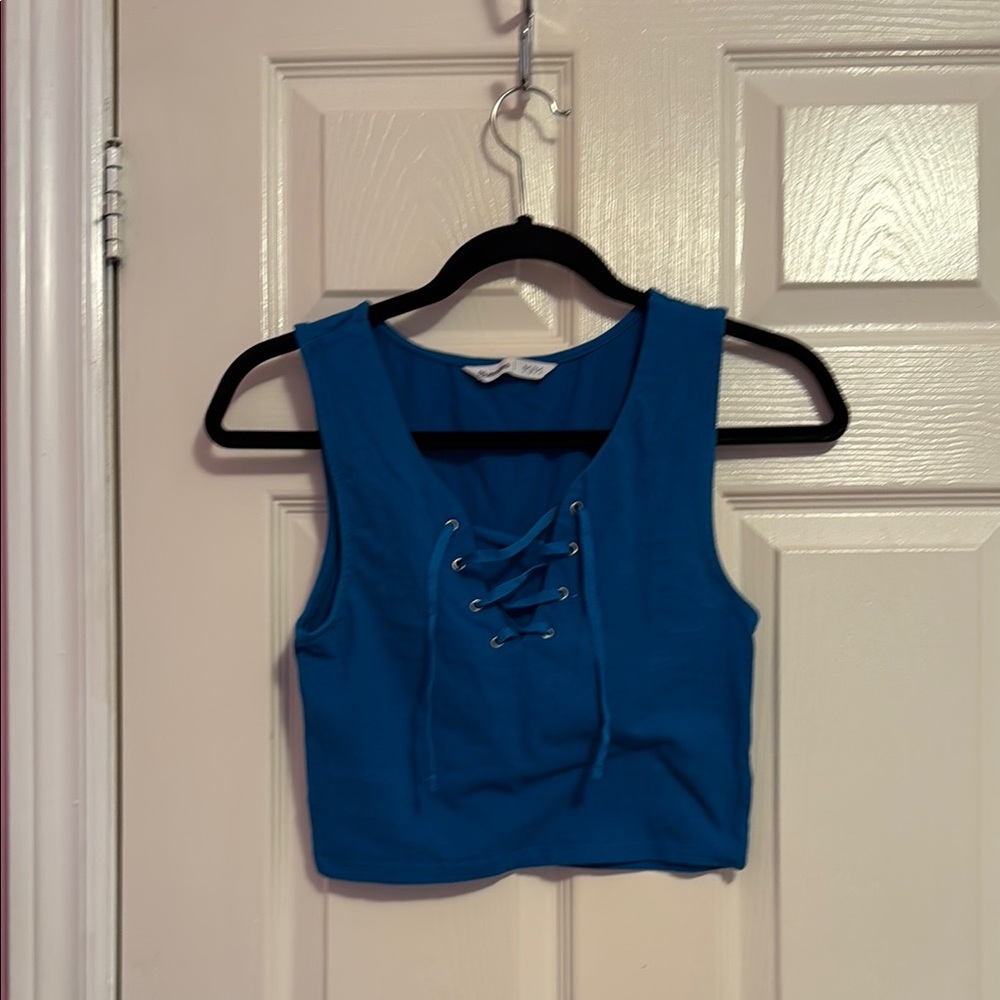 Bluenotes Blue Tie Front Crop Tank Top